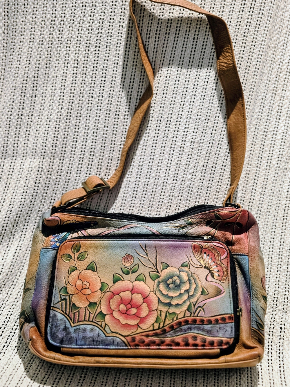 ANUSCHKA Hand-Painted Floral Leather Crossbody Bag - Brown Multicolor NEW!